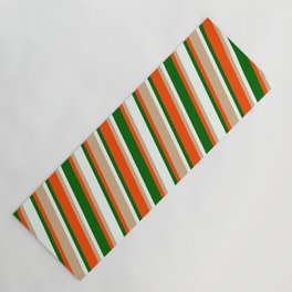 [ Thumbnail: Tan, Mint Cream, Dark Green & Red Colored Stripes Pattern Yoga Mat ]