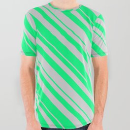 [ Thumbnail: Green & Light Gray Colored Striped/Lined Pattern All Over Graphic Tee ]