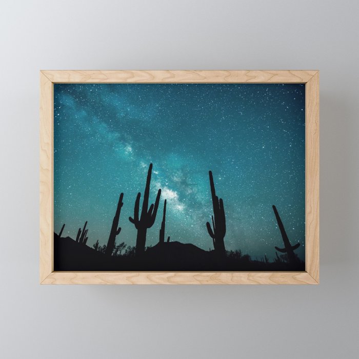 BLUE NIGHT SKY MILKY WAY AND DESERT CACTUS Framed Mini Art Print