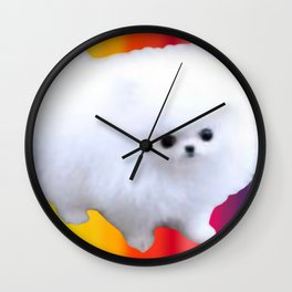 An Adorable And Cute Pomeranian Puppy On Colorful Back ground Sticker Magnet Tshirt And More Wall Clock