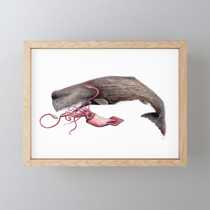 Epic battle between the sperm whale and the giant squid Framed Mini Art Print