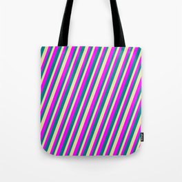 [ Thumbnail: Pale Goldenrod, Fuchsia, and Teal Colored Striped Pattern Tote Bag ]