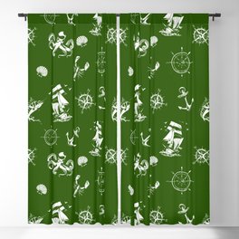 Green And White Silhouettes Of Vintage Nautical Pattern Blackout Curtain