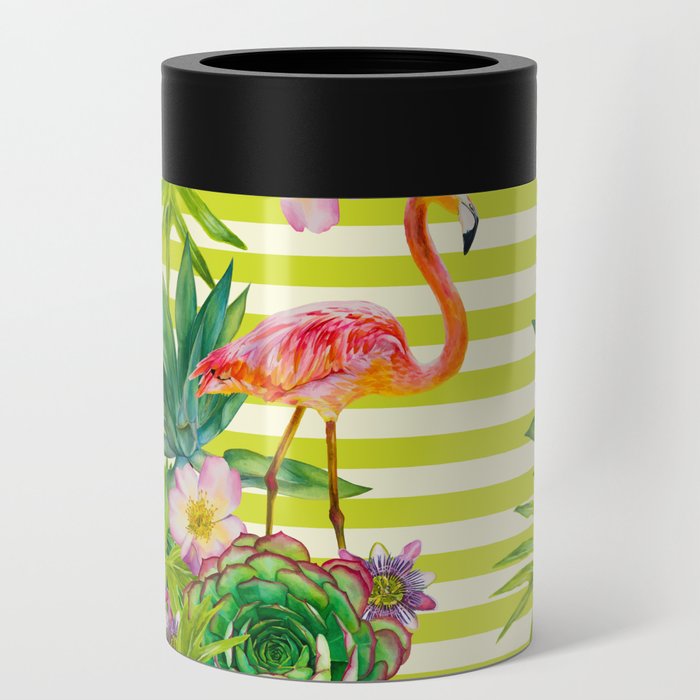 seamless pattern with pink flamingo and exotic tropical plants on a striped background Can Cooler