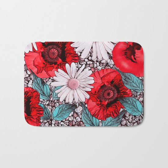 Red Poppies and margarites Bath Mat