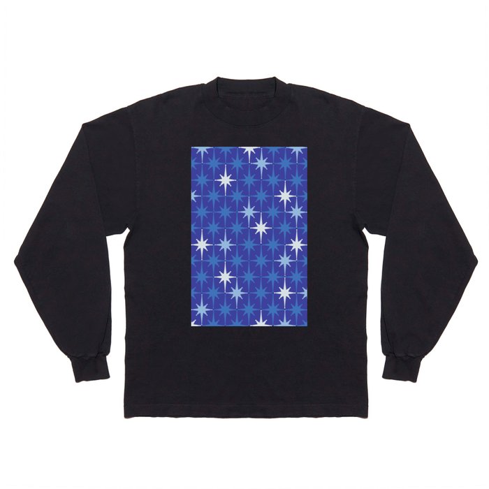Blue Mid Century Modern Atomic Age Starburst Pattern Long Sleeve T Shirt