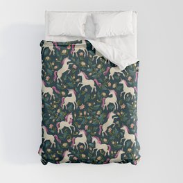 Unicorns on a dark background with a fairy forest Duvet Cover