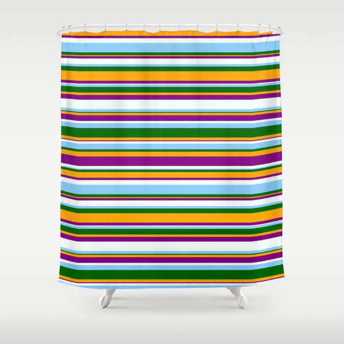 Eyecatching Orange, Purple, Mint Cream, Light Sky Blue & Dark Green Colored Stripes/Lines Pattern Shower Curtain
