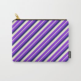 [ Thumbnail: Midnight Blue, Light Yellow, and Purple Colored Striped/Lined Pattern Carry-All Pouch ]
