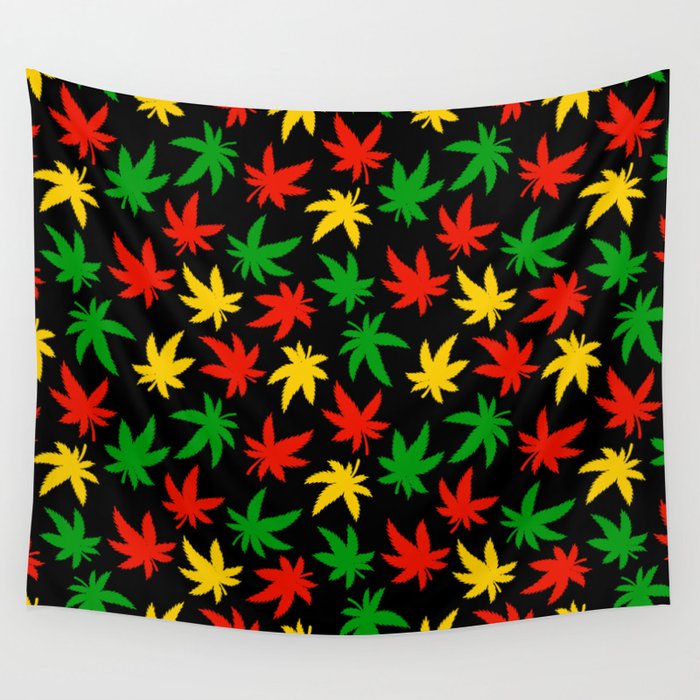 Marijuana hand drawn Rasta pattern. Cannabis leaf wallpaper. Vector illustration. Wall Tapestry
