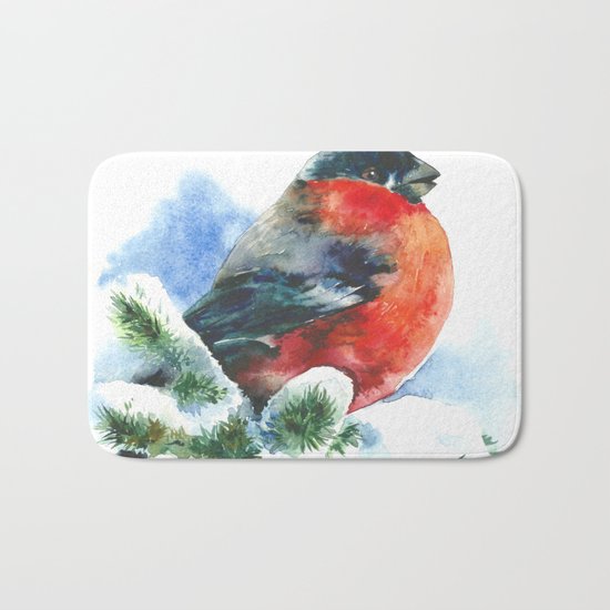 Christmas watercolor bullfinch Bath Mat
