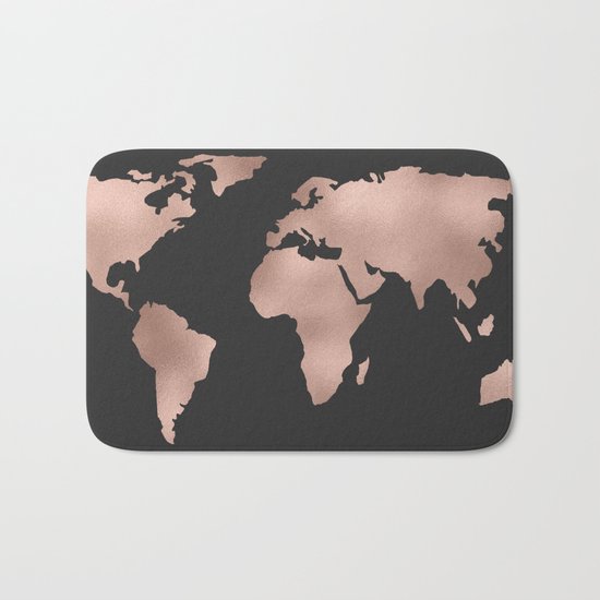 Rose Gold World Map on Dark Gray Bath Mat