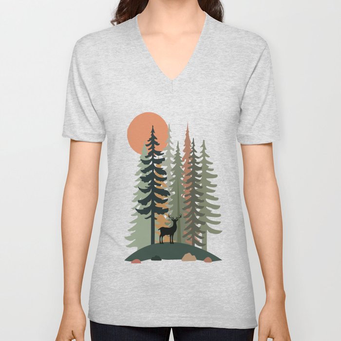 landscape. stones and green Christmas forest trees, deer, and sunrise. V Neck T Shirt