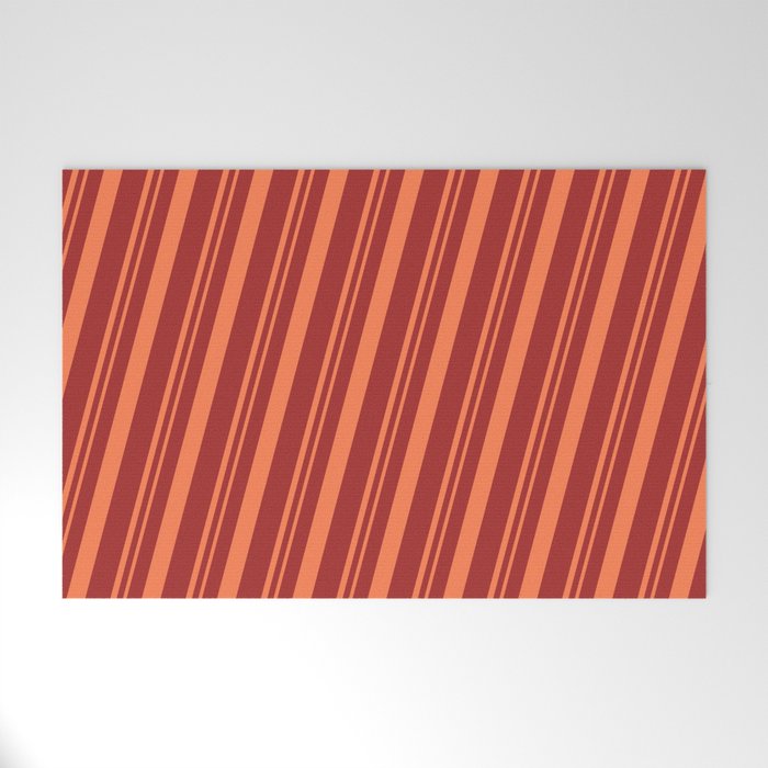 Brown and Coral Colored Pattern of Stripes Welcome Mat