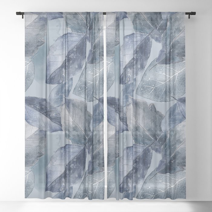 Blue Watercolor Foliage Pattern Sheer Curtain