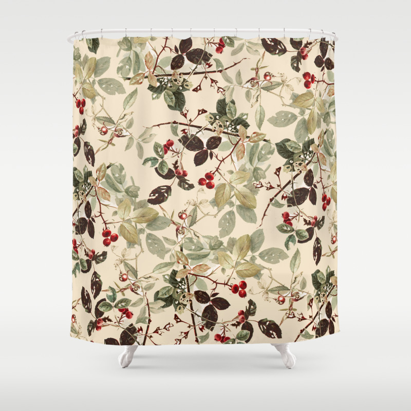 Vintage Ivory Red Green Forest Berries, Green Forest Shower Curtain