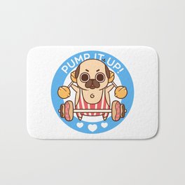 Pump It Up, Puglie! Bath Mat | Animal, Illustration, Drawing, Digital, Cartoon, Food, Funny 