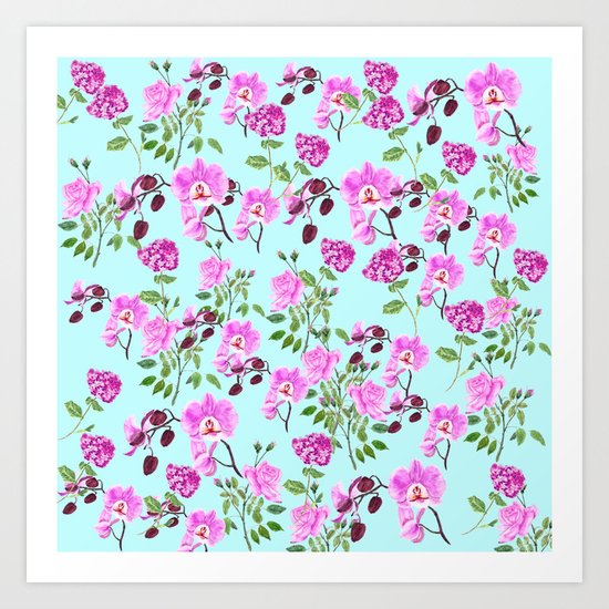 pink purple flowers watercolor painting Art Print