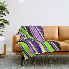 [ Thumbnail: Chartreuse, Lavender, Indigo, Orchid & Black Colored Striped/Lined Pattern Throw Blanket ]
