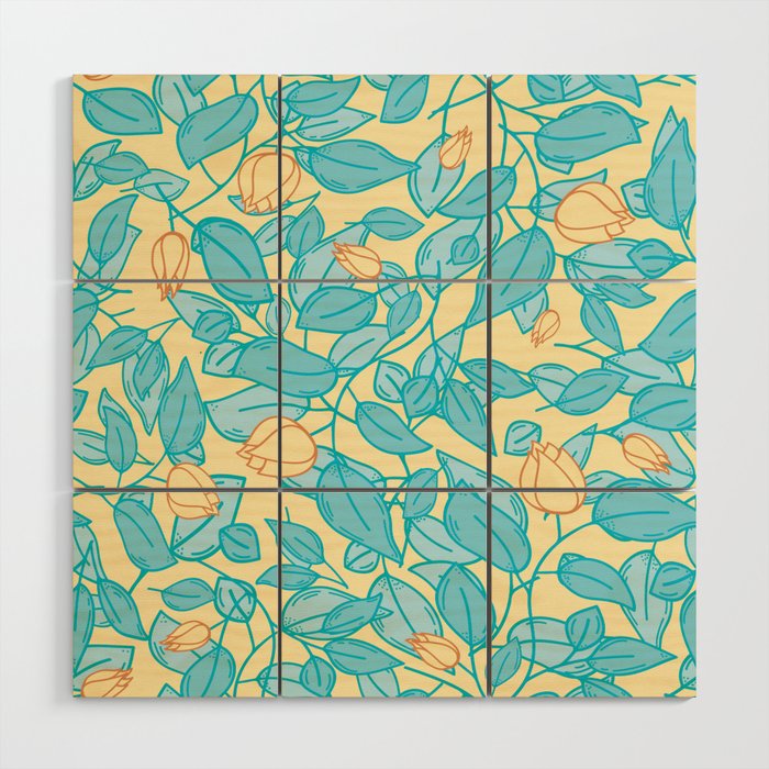 Floral pattern in blue and yellow ice cream colors Wood Wall Art