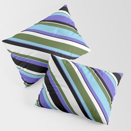 [ Thumbnail: Dark Olive Green, Sky Blue, Slate Blue, Black, and White Colored Lined Pattern Pillow Sham ]