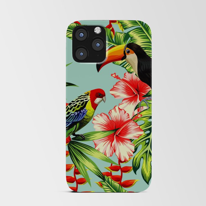 tropic bird toucan multicolor parrot background exotic flower hibiscus palm leaf summer floral plant nature animals wallpaper pattern iPhone Card Case