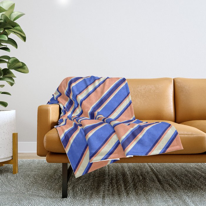 Light Salmon, Beige, Royal Blue & Midnight Blue Colored Stripes/Lines Pattern Throw Blanket