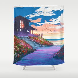 Seascape with beach house and colorful flowers Shower Curtain