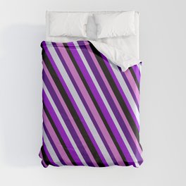 [ Thumbnail: Eye-catching Orchid, Indigo, Lavender, Dark Violet, and Black Colored Stripes Pattern Duvet Cover ]