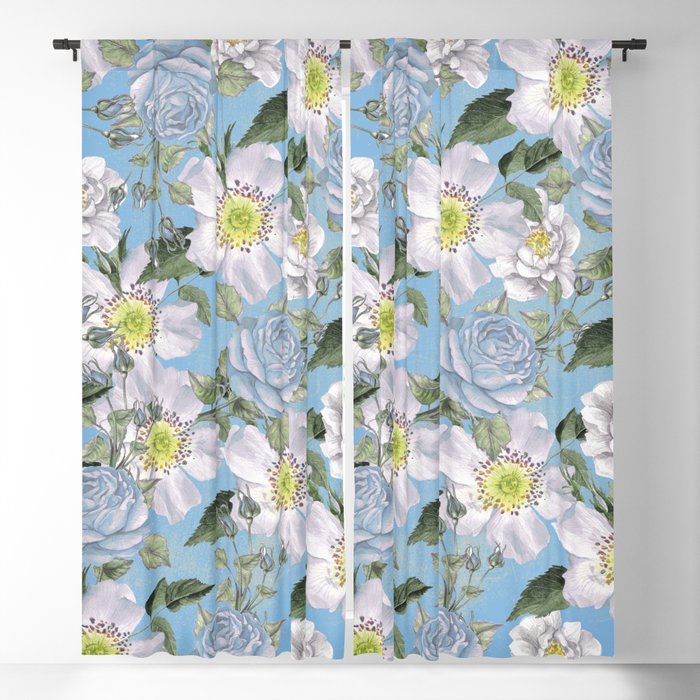 Vintage Rose Pattern Blue Blackout Curtain