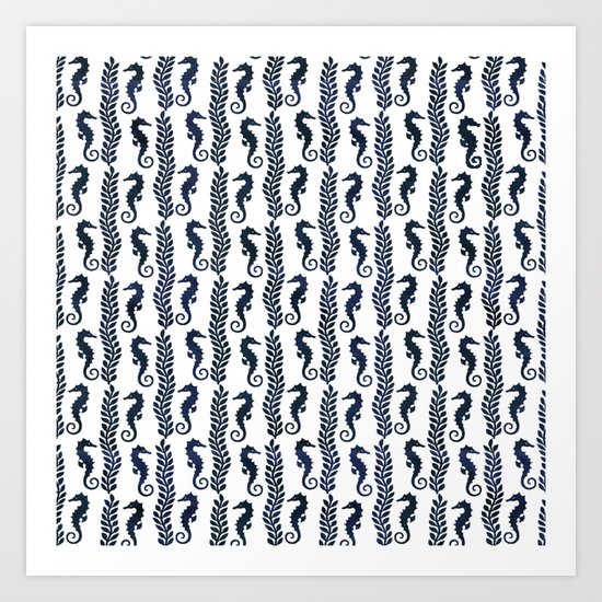 Navy blue and white maritime seahorse pattern Art Print