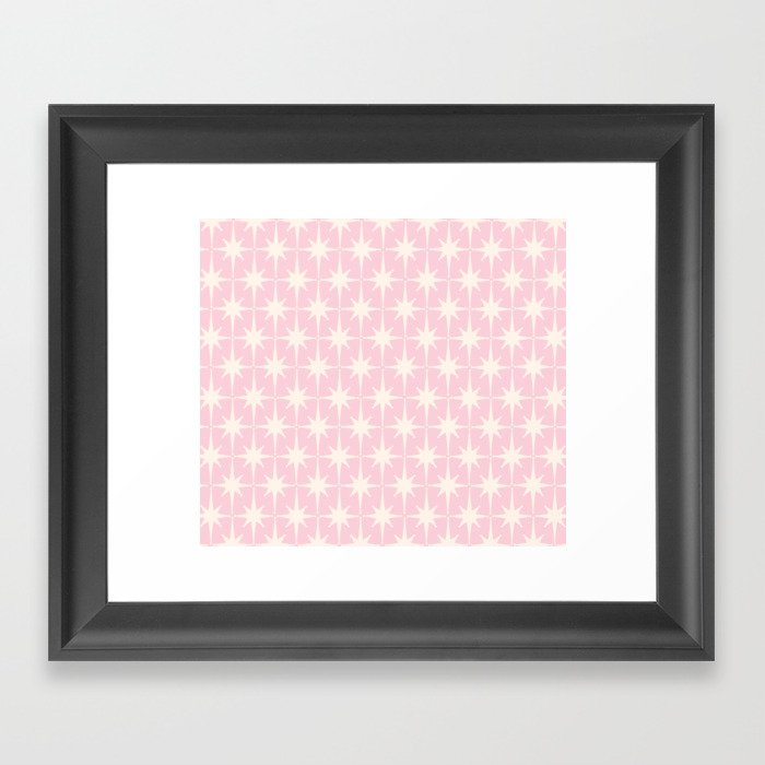 Midcentury Modern Atomic Starburst Pattern Baby Pink and Cream  Framed Art Print
