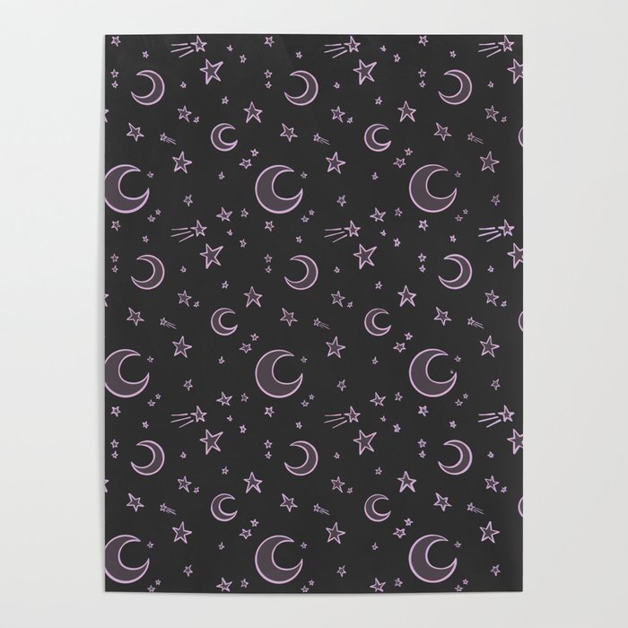 Moons and Stars, Pink Magical Witchy Pattern Digital Illustration Poster