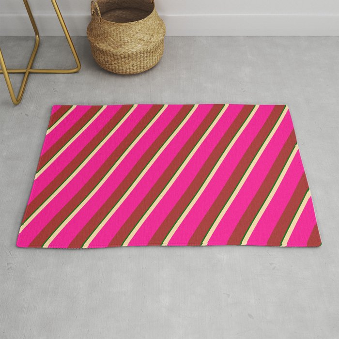 Tan, Deep Pink, Brown & Dark Green Colored Stripes/Lines Pattern Rug