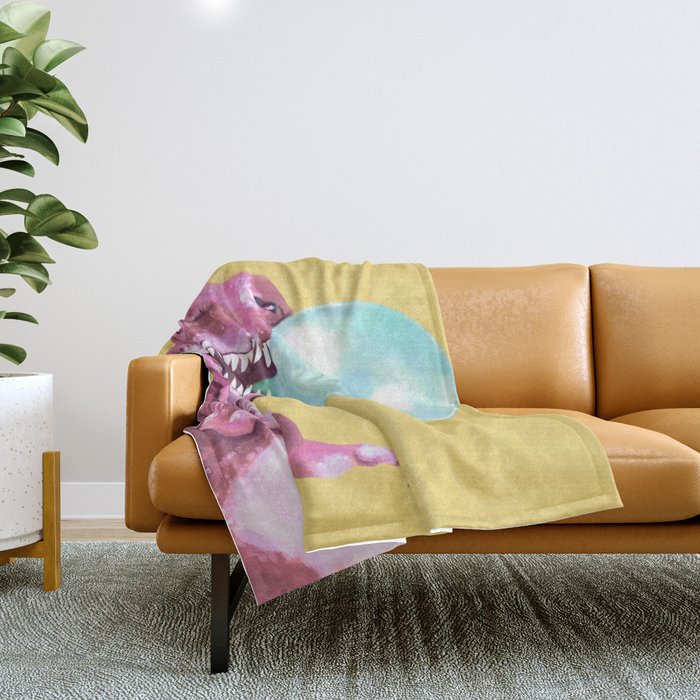 Bubble Gum Pink T-rex in Yellow Throw Blanket