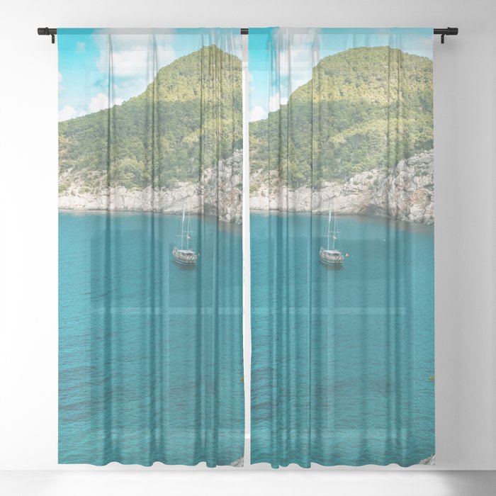 Spain Photography - Beautiful Turquoise Water With Sailboats Sheer Curtain