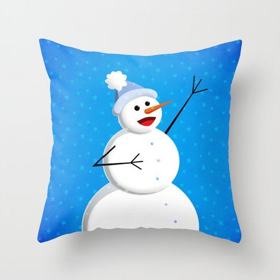 Blue Happy Singing Snowman Throw Pillow
