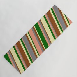 [ Thumbnail: Colorful Grey, Brown, Pale Goldenrod, Dark Green & Dark Salmon Colored Lined/Striped Pattern Yoga Mat ]