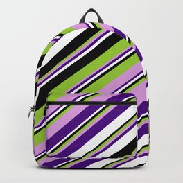 [ Thumbnail: Green, Plum, Indigo, White & Black Colored Lines/Stripes Pattern Backpack ]