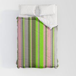 [ Thumbnail: Light Pink, Dark Grey, Dark Olive Green, and Chartreuse Colored Lines/Stripes Pattern Comforter ]