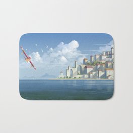 Red bird and coastal city Bath Mat | Sky, Landscape, Coastalcity, Digital, Blue, City, Coastal, Painting, Flying, Sea 