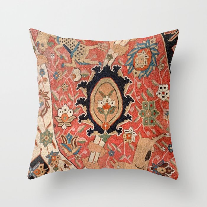 Arabesque Floral III // 17th Century Rich Red Colors Interlaced Blue Bands Dragons Lions Pattern Ru Throw Pillow