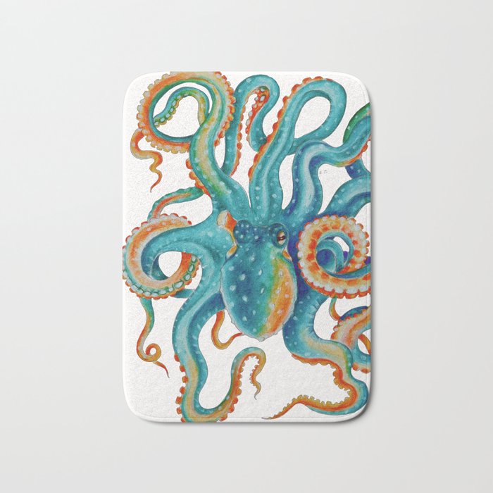 Octopus Teal Watercolor Ink Bath Mat