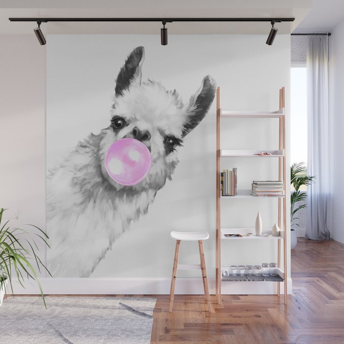 Bubble Gum Sneaky Llama Black and White Wall Mural