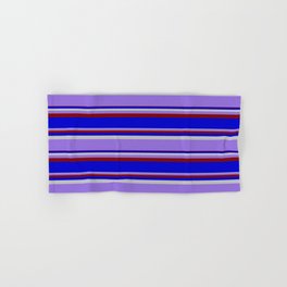 [ Thumbnail: Grey, Purple, Maroon & Blue Colored Lined/Striped Pattern Hand & Bath Towel ]