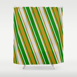 [ Thumbnail: Light Gray, Green & Dark Goldenrod Colored Lines Pattern Shower Curtain ]