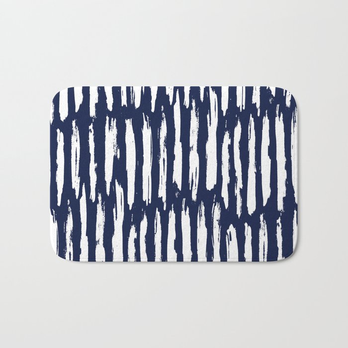 Vertical Dash White On Navy Blue Paint Stripes Bath Mat By