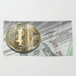 Bitcoin with dollar bills, cryptocurrency concept Beach Towel