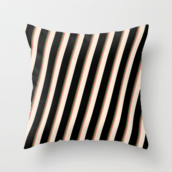 Dark Olive Green, Light Coral, Beige, and Black Colored Striped/Lined Pattern Throw Pillow