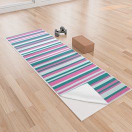 [ Thumbnail: Hot Pink, Dark Cyan & Light Cyan Colored Lines Pattern Yoga Towel ]
